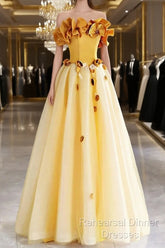 Yellow Tulle Applique Long Semi Formal Prom Dress, Off The Shoulder Sleeveless Backless Long Formal Evening Dress